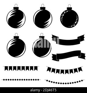 Set di palle piatte nere e bianche isolate dell'albero di Natale, nastri di striscioni e ghirlande sotto forma di bandiere su uno sfondo bianco Illustrazione Vettoriale