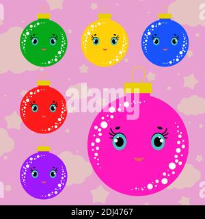 Set di palline di albero di Natale isolate di colore piatto. Grazioso cartone animato per la decorazione di cartoline e design. Illustrazione Vettoriale