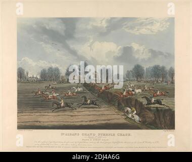 Steeple-chasing Set di sei: St. Albans Grand Steeple Chase. / 8 marzo 1832. Piastra 2. Primo Leap ..., Henry Pyall, 1795–1833, britannico, dopo James Pollard, 1792–1867, inglese, 1832, Aquatint stampato a colori, tranne il cielo colorato a mano, foglio: 15 3/4 x 19 7/8in. (40 x 50,5 cm Foto Stock