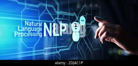 NLP Natural Language Processing elaborazione cognitiva concetto tecnologico sulla schermata virtuale Foto Stock