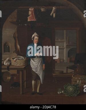 Kitchen Scene, John Atkinson, Active 1770–1775, British, 1771, Oil on Canvas, Support (PTG): 30 3/8 x 25 pollici (77.2 x 63.5 cm), arco, barile, cestini, uccelli, gatto (gatto domestico), cuoco, costume, anatre, camino, cibo, genere soggetto, lepre, ganci, interno, cucina, uomo, olio vernice, carte, pentole, coniglio, lettura, mensole, sgabello, tavoli, urna Foto Stock