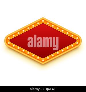 Segno rosso e oro del casinò. Design in stile retrò. Telaio con lampadine. Mockup vuoto per tutti i messaggi. Illustrazione vettoriale. Illustrazione Vettoriale