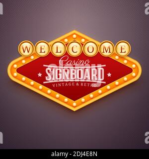 Cartello luminoso del casinò. Segnaletica da parete con luci in marmo. Arredamento di casinò, teatro, cinema o club. Banner retrò, cornice con lampadine. Illustrazione Vettoriale