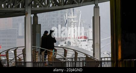 Amburgo, Germania. 13 Dicembre 2020. Due passanti per guardare la Elbe Philharmonic Hall, che può essere visto nella foschia di un 3 ° Avvento umido e freddo dietro le navi museo Rickmer Rickmers e Cap San Diego. Credit: Markus Scholz/dpa/Alamy Live News Foto Stock