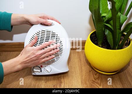 La ragazza tiene le mani vicino al riscaldatore della ventola di plastica e le riscalda le mani, regolando la temperatura a casa, il flusso di calore Foto Stock