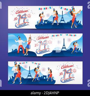Set di striscioni Bastili con ballo, feste e fuochi d'artificio. Le 14 Juillet traduzione francese del 14 luglio Giornata nazionale francese Illustrazione Vettoriale