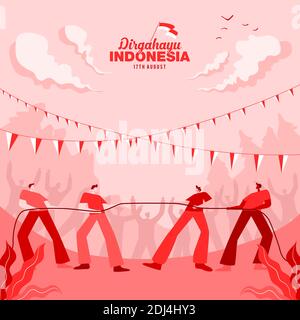 Indonesia Independence Day Greeting Card con illustrazione del concetto di giochi tradizionali. Dirgahayu indonesia traduce in Indonesia il giorno dell'indipendenza. Illustrazione Vettoriale