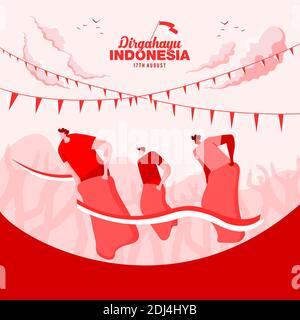 Indonesia Independence Day Greeting Card con illustrazione del concetto di giochi tradizionali. Dirgahayu indonesia traduce in Indonesia il giorno dell'indipendenza. Illustrazione Vettoriale