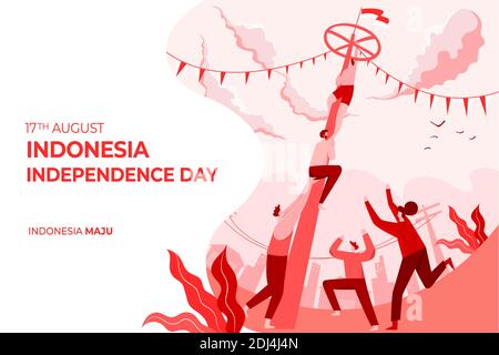 Indonesia Independence Day Greeting Card con illustrazione del concetto di giochi tradizionali. Indonesia maju traduce in Indonesia sviluppata Illustrazione Vettoriale