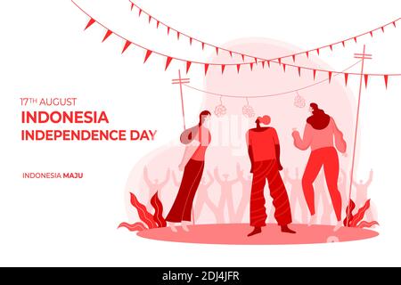 Indonesia Independence Day Greeting Card con illustrazione del concetto di giochi tradizionali. Indonesia maju traduce in Indonesia sviluppata Illustrazione Vettoriale