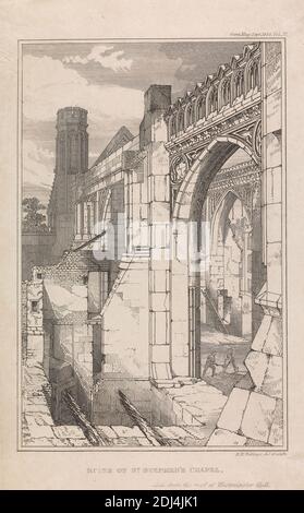 Rovine della Cappella di Santo Stefano, vista dal Roof of Westminster Hall, stampa di Robert William Billings, 1813–1874, inglese, dopo Robert William Billings, 1813–1874, inglese, 1835, incisione di linea su carta liscia, moderatamente spessa, bianca in wove, foglio: 7 13/16 × 5 pollici (19.8 × 12.7 cm) e immagine: 6 1/2 × 4 1/4 pollici (16.5 × 10.8 cm), soggetto architettonico, chiesa, vista esterna, rovine, città di Westminster, Inghilterra, Casa dei Comuni, Londra, Palazzo di Westminster, Cappella di Santo Stefano, Palazzo di Westminster, Regno Unito Foto Stock