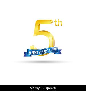 Logo 5° anniversario d'oro con nastro blu isolato su sfondo bianco. Logo 3d Gold Anniversary Illustrazione Vettoriale