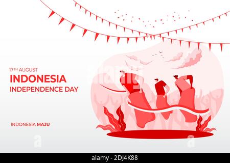 Indonesia Independence Day Greeting Card con illustrazione del concetto di giochi tradizionali. Indonesia maju traduce in Indonesia sviluppata Illustrazione Vettoriale