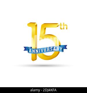 Logo del 15° anniversario d'oro con nastro blu isolato su sfondo bianco. Logo 3d Gold Anniversary Illustrazione Vettoriale
