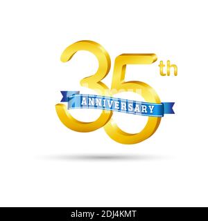 Logo del 35° anniversario d'oro con nastro blu isolato su sfondo bianco. Logo 3d Gold Anniversary Illustrazione Vettoriale