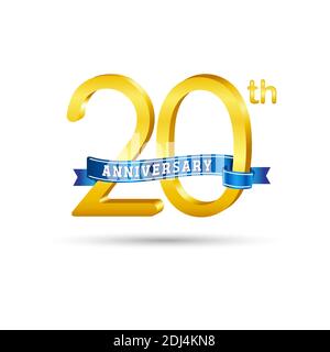 Logo 20° anniversario d'oro con nastro blu isolato su sfondo bianco. Logo 3d Gold Anniversary Illustrazione Vettoriale