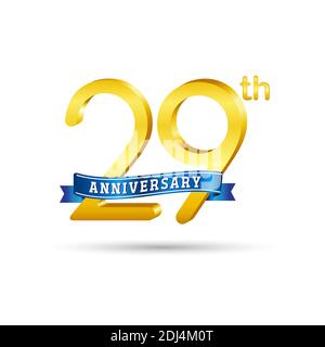 29° logo Golden Anniversary con nastro blu isolato su sfondo bianco. Logo 3d Gold Anniversary Illustrazione Vettoriale