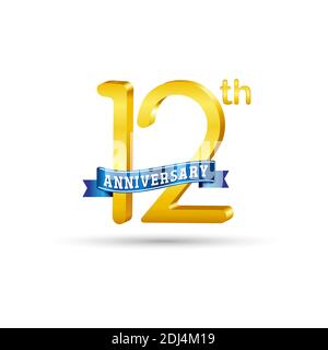 Logo del 12° anniversario d'oro con nastro blu isolato su sfondo bianco. Logo 3d Gold Anniversary Illustrazione Vettoriale