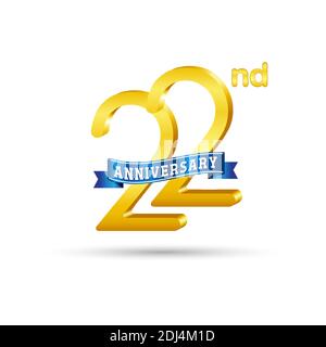 22° anniversario d'oro con nastro blu isolato su sfondo bianco. Logo 3d Gold Anniversary Illustrazione Vettoriale