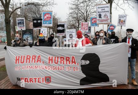 Amburgo, Germania. 13 Dicembre 2020. I sostenitori di "Die Partei" dell'associazione regionale di Amburgo dimostrano con segni e con un cartello che dice "Hurray, hurray, il divieto di mascherare è qui". Credit: Markus Scholz/dpa/Alamy Live News Foto Stock