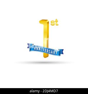 Logo 1° anniversario d'oro con nastro blu isolato su sfondo bianco. Logo 3d Gold Anniversary Illustrazione Vettoriale