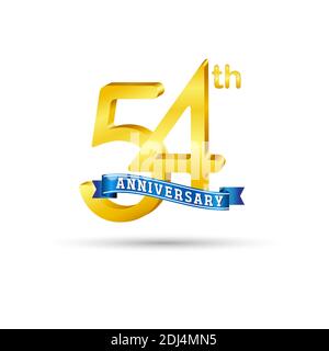 54th Golden Anniversary logo con nastro blu isolato su sfondo bianco. Logo 3d Gold Anniversary Illustrazione Vettoriale