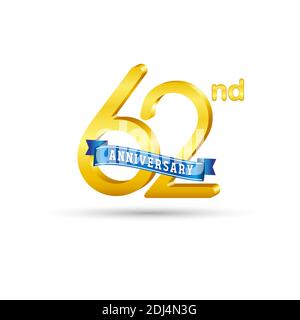 Logo Golden Anniversary 62nd con nastro blu isolato su sfondo bianco. Logo 3d Gold Anniversary Illustrazione Vettoriale