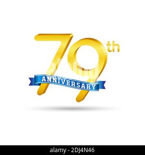 79th Golden Anniversary logo con nastro blu isolato su sfondo bianco. Logo 3d Gold Anniversary Illustrazione Vettoriale