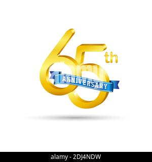 65esimo logo anniversario d'oro con nastro blu isolato su sfondo bianco. Logo 3d Gold Anniversary Illustrazione Vettoriale