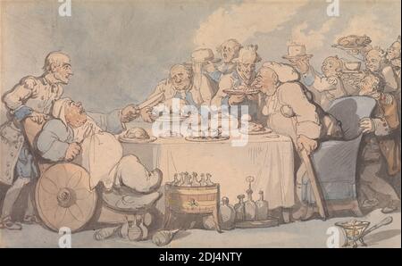 Comfort di Bath: Gouty Gourmands a cena, Thomas Rowlandson, 1756–1827, British, 1798, acquerello, penna e inchiostro grigio-marrone, e grafite su carta media, moderatamente testurizzata, wove beige, foglio: 5 x 7 7/8 pollici (12.7 x 20 cm), sedie, stampelle, cena, bere vascello, festa, cibo, genere soggetto, pasto, uomini, servitori, sedie a rotelle, Bath, Inghilterra, Europa, Somerset, Regno Unito Foto Stock