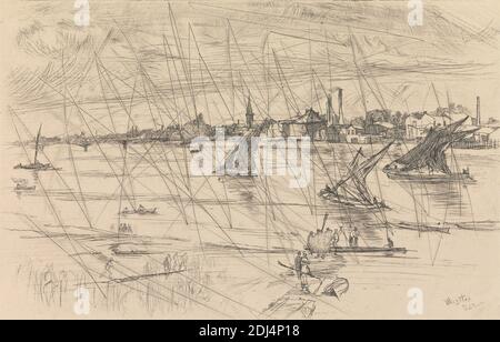 Battersea Reach, James McNeill Whistler, 1834–1903, americano, attivo in Gran Bretagna (dal 1859), 1863, incisione e punto di essiccazione, stampato da piastra annullata su carta media, liscia, crema, foglio: 10 x 12 7/8 pollici (25.4 x 32.7 cm), piatto: 5 1/4 x 8 1/8 pollici (13.3 x 20.6 cm), e immagine: 5 1/4 x 8 1/8 pollici (13.3 x 20.6 cm), barche, ponte (lavori costruiti), edifici, camini, chiesa, recinzione, paesaggio, alberi, alberi, remi, vele, riva (forma di terra), fumo, guglia, alberi, Battersea, Inghilterra, Londra, Tamigi, Regno Unito Foto Stock