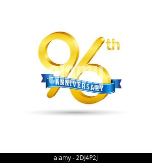 96th Golden Anniversary logo con nastro blu isolato su sfondo bianco. Logo 3d Gold Anniversary Illustrazione Vettoriale