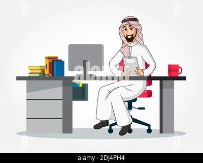 Personaggio arabo di cartone animato uomo d'affari in abiti tradizionali seduti alla sua scrivania, tenendo una clipboard isolato su sfondo bianco Illustrazione Vettoriale
