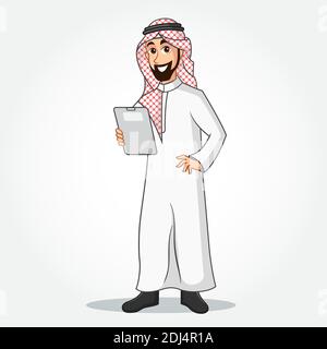 Personaggio arabo cartone animato uomo d'affari in abiti tradizionali che tengono una clipboard isolato su sfondo bianco Illustrazione Vettoriale