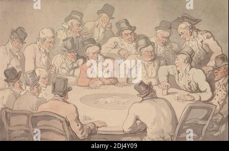 The Gaming Table, Thomas Rowlandson, 1756–1827, British, 1801, acquerello con penna e inchiostro marrone e grigio, su grafite su carta in wove color crema di spessore moderato, moderatamente testurizzata, foglio: 5 7/8 x 9 1/2 pollici (14.9 x 24.1 cm), sedie, patatine, gioco d'azzardo, gioco d'azzardo chip, tavolo da gioco, genere soggetto, cappelli, interni, uomini, soldi, camera Foto Stock