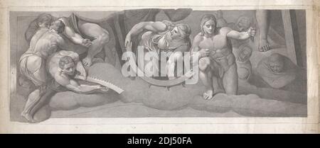 L'eletto, Conrad Martin Metz, 1749–1827, tedesco, dopo Michelangelo, 1474/1475–1564, italiano, 1801, incisione con impresso su carta di spessore moderato, leggermente testurizzata, crema, wove, foglio: 11 1/4 × 25 7/8 pollici (28.6 × 65.7 cm), piatto: 9 7/16 × 24 11/16 pollici (24 × 62.7 cm) e immagine: 9 × 23 5/8 pollici (22.9 × 60 cm), freccia, lama, scelta, folla, uomo, martire, soggetto religioso e mitologico, santo, salvezza, anima, il martire Sebastiano; attributi possibili: Freccia(e), arco, tronco-albero, la vergine Caterina martire di Alessandria; attributi possibili: Libro, corona, imperatore Massenzio, ramo di palma Foto Stock