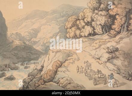 Cade sul fiume Conwy, Galles del Nord, Thomas Rowlandson, 1756–1827, inglese, non satinato, acquerello con inchiostro marrone e penna e inchiostro grigio-blu, su grafite su carta di spessore moderato, leggermente testurizzata, beige, wove, foglio: 7 11/16 x 11 5/16 pollici (19.5 x 28.7 cm), carrello, cascate (cascate), figure (rappresentazioni), colline, cavalli (animali), paesaggio, fiume, strada, rocce (forme di terra), scienza, alberi, valli (forme di terra), carri, Aberconwy e Colwyn, Conwy, Cymru, Europa, Regno Unito, Galles Foto Stock