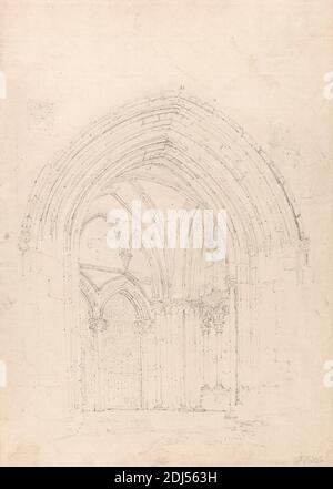 Cattedrale di St. Alban, Hertfordshire, Thomas Girtin, 1775–1802, inglese, ca. 1797, grafite su media, moderatamente testurizzata, beige, carta posata, foglio: 14 3/8 x 10 1/4 pollici (36.5 x 26 cm), soggetto architettonico, arco, cattedrale, porta, pietra, Inghilterra, Europa, Hertfordshire, St. Albans, Regno Unito Foto Stock