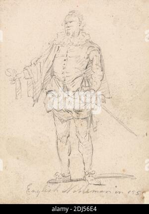 Figura Costume Study: Nobiluomo inglese, Thomas Girtin, 1775–1802, inglese, tra il 1793 e il 1795, grafite su carta media, leggermente testurizzata, wove beige, foglio: 4 1/4 x 3 1/4 pollici (10.8 x 8.3 cm), costume, inglese, figura, studio della figura, maschio, nobile, spada Foto Stock