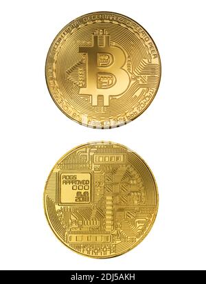Teste di bitcoin dorate e code isolate su sfondo bianco. Simbolo della moneta d'oro criptovaluta Foto Stock