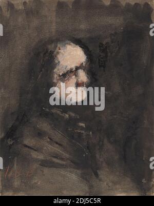 Amouk, After Goya, Hercules Brabazon Brabazon, 1821–1906, British, After Francisco Goya, 1746–1828, spagnolo, non satinato, acquerello e gouache su carta media, leggermente testurizzata, panna, montata su carta in wove beige di spessore moderato, supporto: 7 15/16 x 6 1/4 pollici (20.1 x 15.8 cm) e foglio: 7 13/16 x 6 1/8 pollici (19.8 x 15.6 cm), scuro, uomo, ritratto, profilo (figura