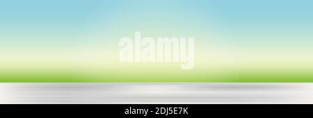 Banner vettoriale astratto in primavera o estate sfocato con puntini di luce. Sfondo naturale con erba e cielo sfocati, mockup per la pubblicità cosmetici biologici o prodotti naturali, cibo Illustrazione Vettoriale