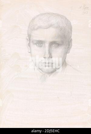 A Young Boy, Alphonse Legros, 1837–1911, francese, attivo in Gran Bretagna (1863–11), 1903, Metalpoint; verso: Grafite e penna e inchiostro marrone su carta media, leggermente testurizzata, beige a forma di fondo bianco, foglio: 12 1/2 x 9 3/4 pollici (31.8 x 24.8 cm), ragazzo, viso, studio della figura Foto Stock