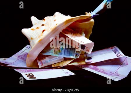 Una carta nera salvadanaio con le banconote in euro in background Foto  stock - Alamy