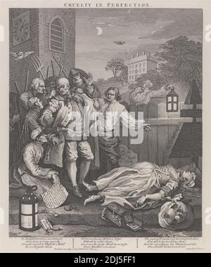 La terza fase della crudeltà: Crudeltà nella perfezione - The Murder, Stampa realizzata da William Hogarth, 1697–1764, inglese, 1751, stampato 1790, incisione su carta spessa, bianca, liscia, foglio: 24 7/8 x 19 1/4 pollici (63.2 x 48.9 cm), piatto: 15 1/4 x 12 3/4 pollici (38.7 x 32.4 cm), e immagine: 14 x 11 3/4 pollici (35.6 x 29.8 cm), pipistrello, cimitero, crudeltà, pugnale, morte, genere soggetto, tomba, cimitero, lapide, casa, coltello, lanterna, uomini, luna, omicidio, notte, gufo, lapide, topiario, tortura, alberi Foto Stock