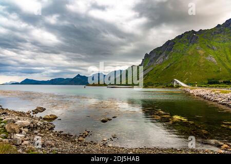 Norway landscape with fjord, mountains, forest in Lofoten , Norway Foto Stock