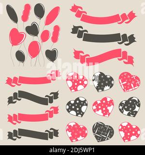 Set di cuori, palloncini, nastri e striscioni colorati isolati su uno sfondo chiaro. Semplice illustrazione vettoriale piatta. Adatto per biglietti d'auguri, Wedd Illustrazione Vettoriale