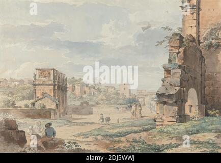 Parte del Colosseo con l'Arco di Costantino e l'Arco di Tito in lontananza, Roma, Carlo Labruzzi, 1748–1817, italiano, non satinato, acquerello, penna e inchiostro grigio, e grafite su carta media, leggermente testurizzata, crema, foglio: 14 3/4 x 21 1/8 pollici (37.5 x 53.7 cm), soggetto architettonico, paesaggio urbano, rovine, statue, pietra, Arco di Costantino, Colosseo, Italia, Lazio, Foro Romano, Roma Foto Stock