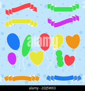 Set di simpatici palloncini e nastri colorati isolati su sfondo blu. Con un tratto bianco. Semplice illustrazione vettoriale piatta. Adatto per Illustrazione Vettoriale