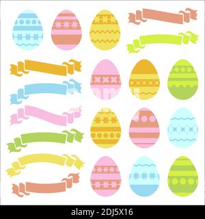 Set di uova pasquali isolate pastello e striscioni nastri su sfondo bianco. Con un pattern striped astratto. Semplice illustrazione vettoriale piatta. Suitabl Illustrazione Vettoriale
